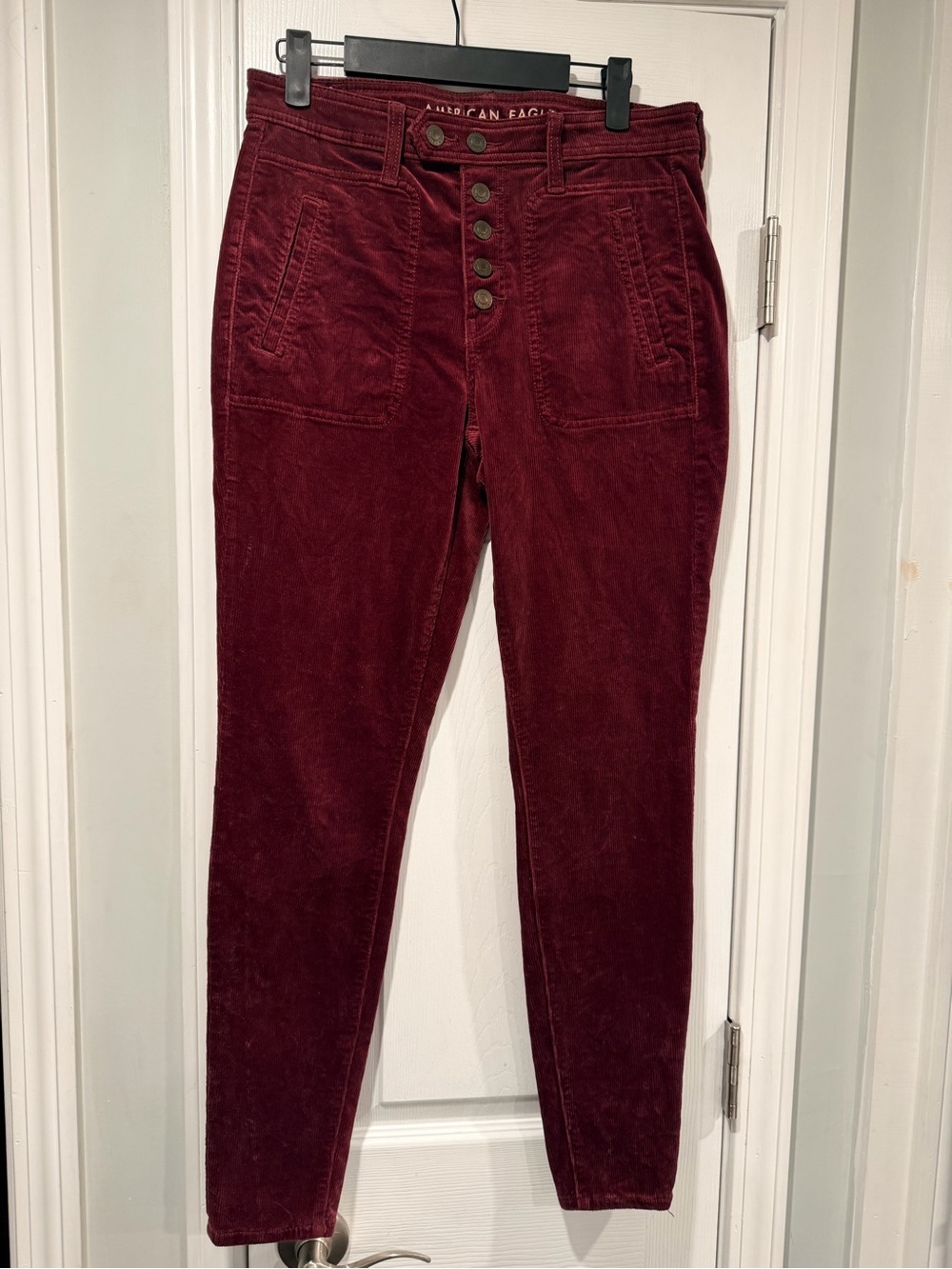 American Eagle Size 6 Burgundy Corduroy Super Stretch Skinny Pants Button Fly